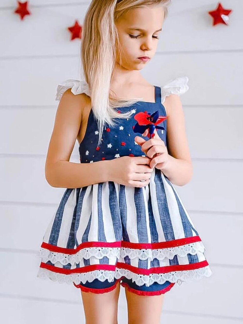 NWT Girls Love & Grow Patriotic Stars Stripes 2pc Tunic Shorts Set Red Blue 10